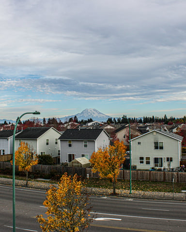 Residential neighbourhood with Mt. Rainier in the background, Eastside Washington