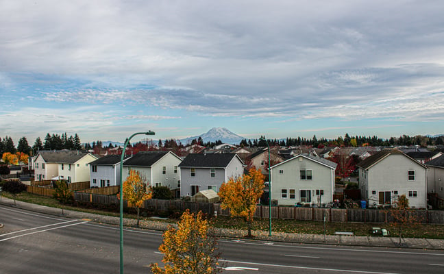 Residential neighbourhood with Mt. Rainier behind, autumn colours, Sammamish Washington